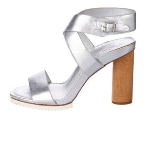 Halston Heritage Metallic Silver Heels with Wooden Block Heel